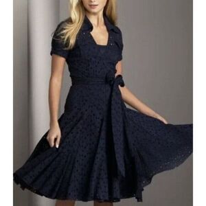 Diane Von Furstenberg Womens Short Sleeve Eyelet Wrap Dress Navy Cotton‎ Size 4